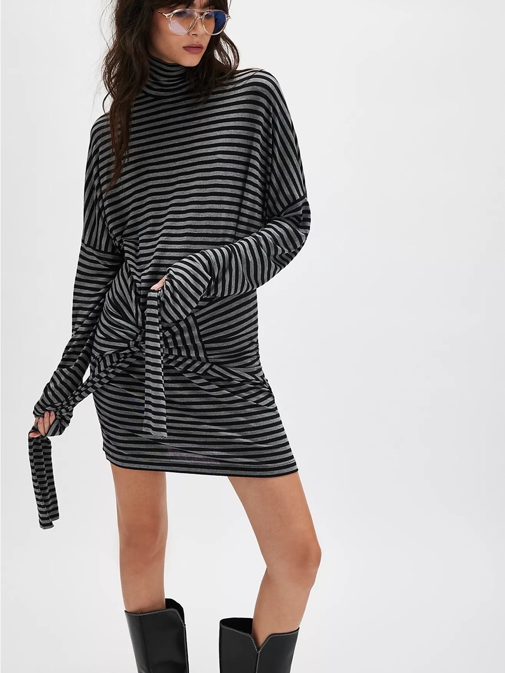 NORMA KAMALI All In One Striped Turtleneck Tie-Waist Tunic in Black Gray Size S